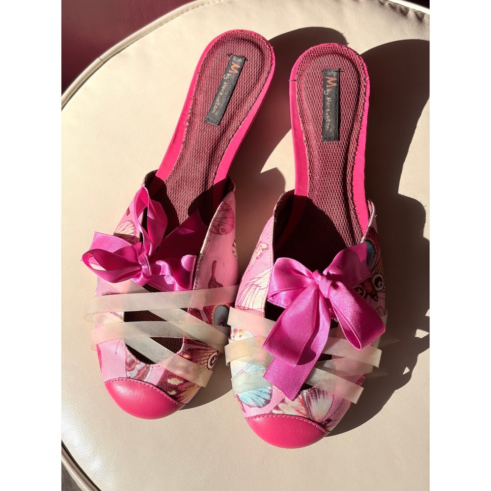 M by Morenatom Pink Butterfly Print Bow Mule Slides Low Wedge Brazil Womens 9B